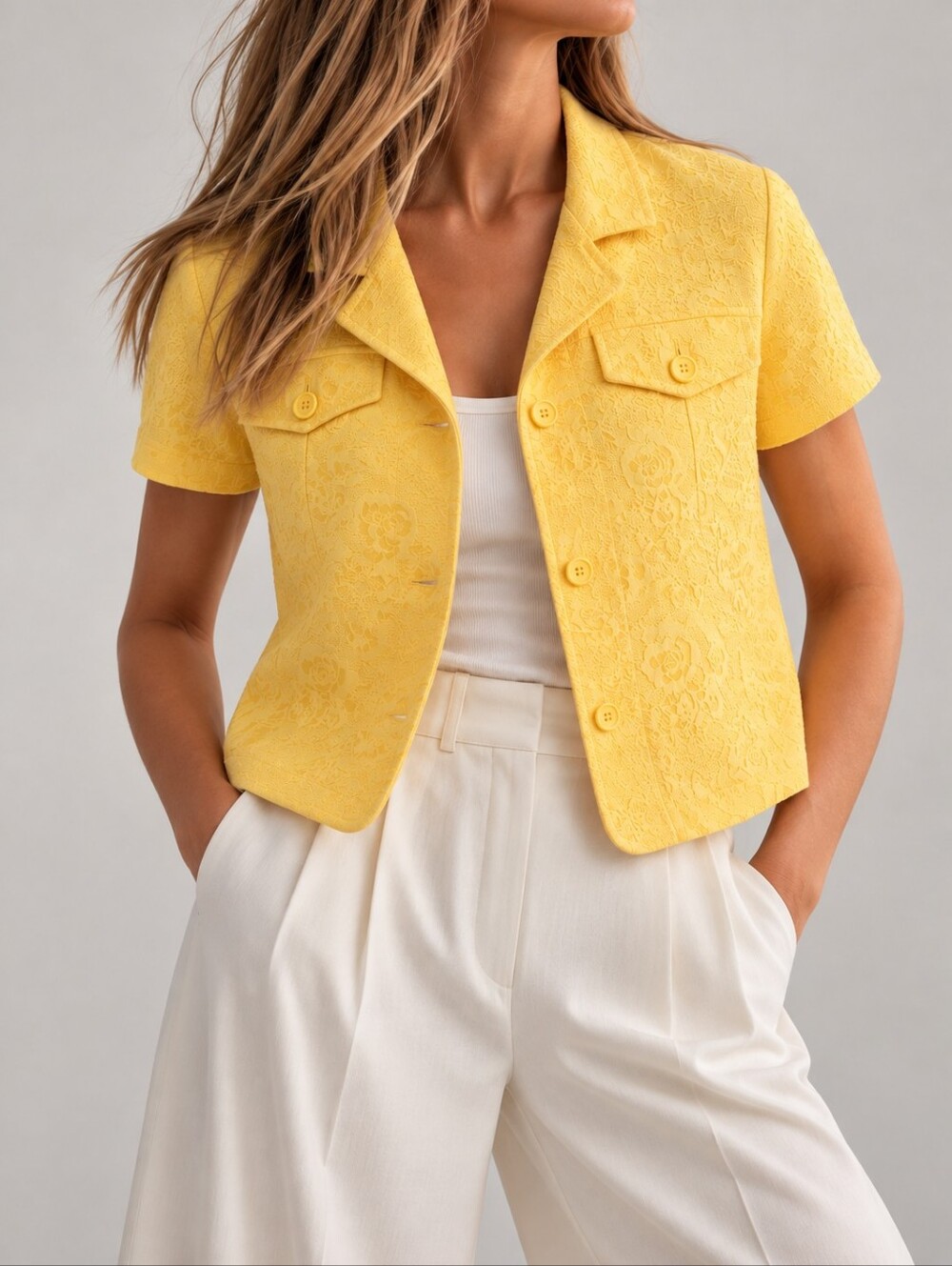 Tanjay Yellow Floral Jacquard Short Sleeve Jacket Blazer Size 16